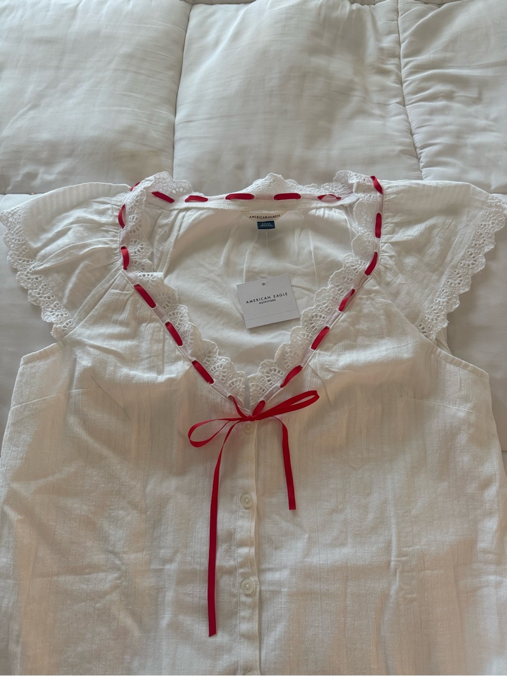 American Eagle Outfitters White Cotton Dress with Red Ribbon Accents - Picture 4 of 5